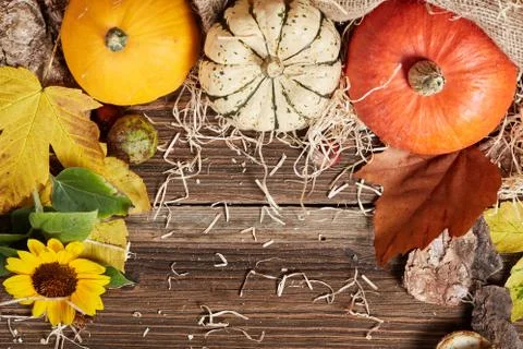 Top view of table with pumpkin and straw Stock Photos