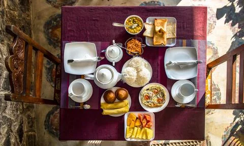 Top view of the table set for breakfast at a party on the island of Sri Lanka Stock Photos