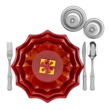 Top view of table setting with wine glasses isolated on white background Illustrazione stock