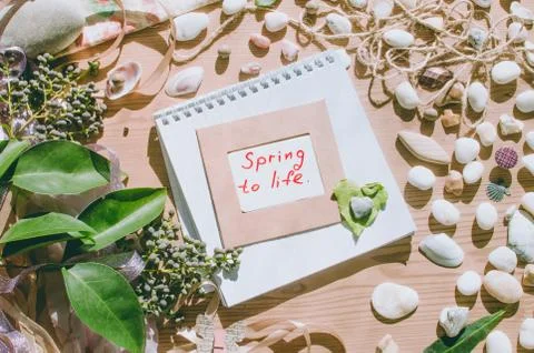 Top view on the table. Spring message. Spring to life. Stock Photos
