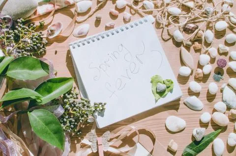Top view on the table. Spring message. Spring fever. Stock Photos