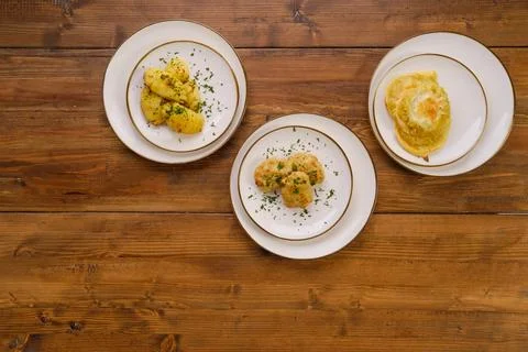 Top view of table with three dishes for dinner Stock Photos