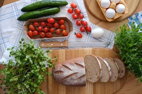 Top view of table with useful farm products Stock Photos