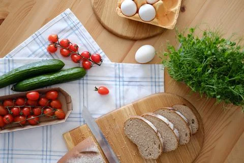 Top view of table with useful farm products Stock Photos