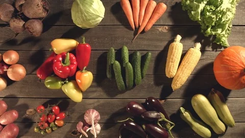 Top view of a table with a variety of vegetables. Video stock 79907958