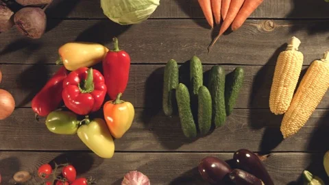 Top view of a table with a variety of vegetables. Видео 79908092