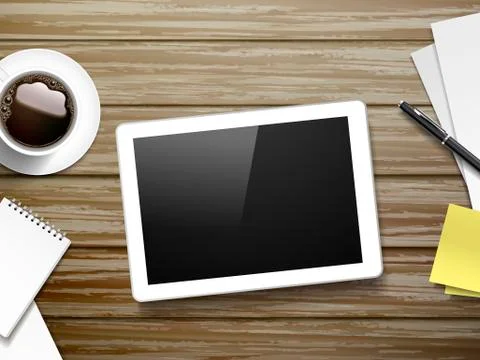 Top view of tablet and working place elements Stock Illustration