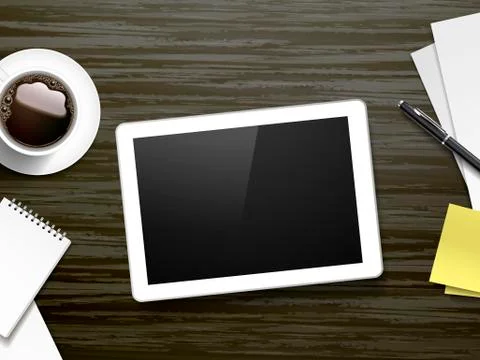 Top view of tablet and working place elements Stock Illustration