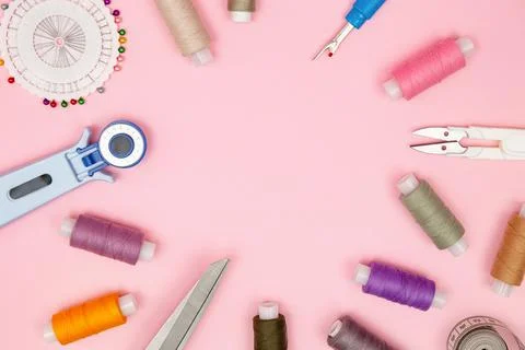 Top view Tailor Atelier Background with Sewing Tools Stock Photos