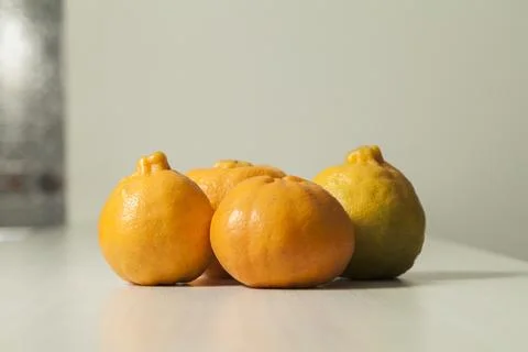 Top view of tangerines on the table with copy space. Orange, sweet and tropic 库存照片