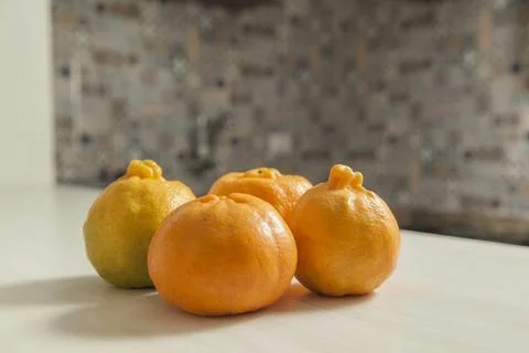 Top view of tangerines on the table with copy space. Orange, sweet and tropic 库存照片
