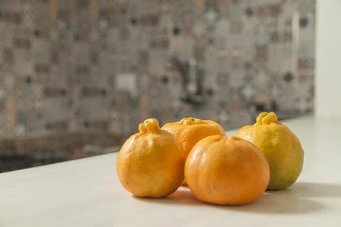 Top view of tangerines on the table with copy space. Orange, sweet and tropic Fotos Stock