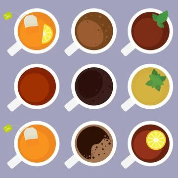 Top View Tea and Coffee Cups Vector Illustration Flat Design Mugs Illustration