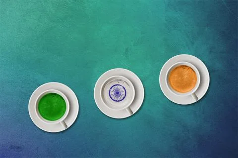 Top view of tea cups create a tricolor of Indian flag. Republic day of Indi.. Stock Photos