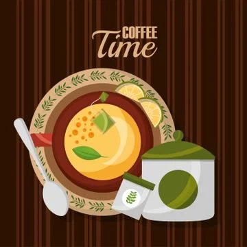 Top view teacup lemon spoon and sugar on wooden table Stock Illustration