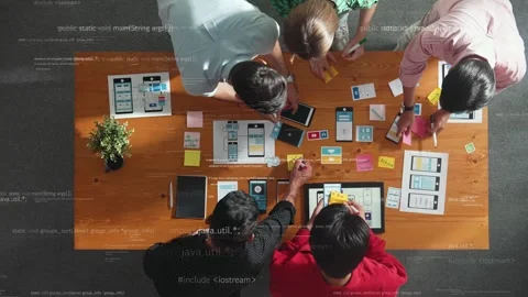 Top view of team brainstorm and looking tablet with coding program. Convocation. Stock Footage 266599270