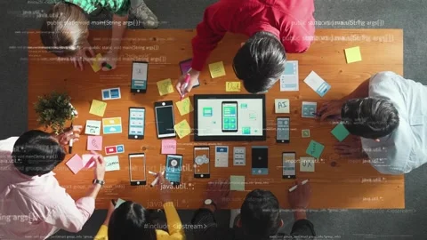 Top view of team brainstorm and looking tablet with coding program. Convocation. Stock Footage 270594451
