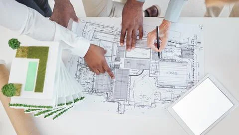 Top view, teamwork and architects hands on blueprint, model or building Fotos de archivo
