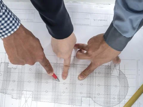 Top view teamwork concept, Engineer and workers discussing project of new bui Stock Photos