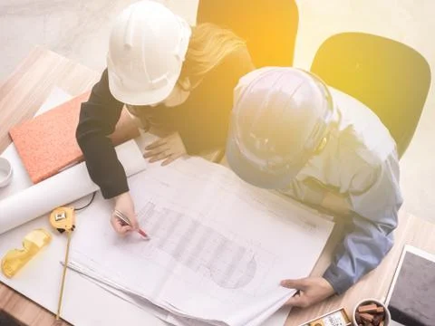 Top view teamwork concept, Engineer and workers discussing project of new bui Stock Photos