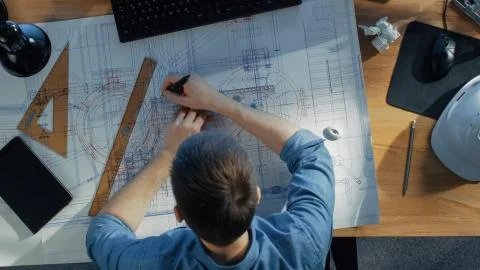 Top View of a Technical Engineer Working on His Blueprints, Drawing on Plans. Stock Photos