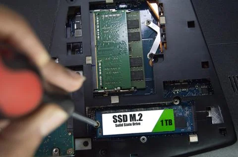 Top view of technician installing M.2 SSD hard drive. Stock Photos