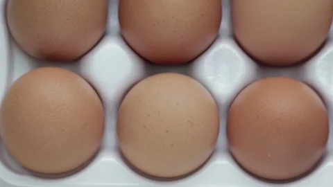 Top view of ten orange-shell eggs laid in a white tray Vídeo Stock 103193794