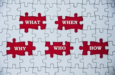 Top view of text on missing jigsaw puzzle - What, when, why, who and how. Stock Photos