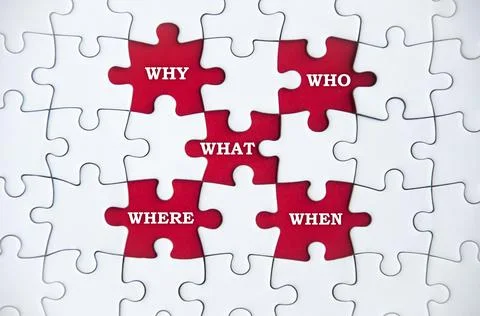 Top view of text on missing jigsaw puzzle - Why, who, what, where and when. Stock Photos