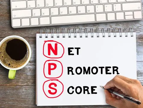 Top view text with NPS on notebook with pencil on wood table Stock Photos
