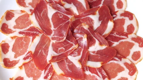 Top View Texture Background Of Sliced Pork Brisket Resembling Gourmet Prosc.. Stock Footage 346242642
