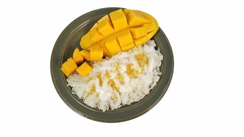 Top view of Thai dessert mango sticky rice isolated on white background. Stock Photos