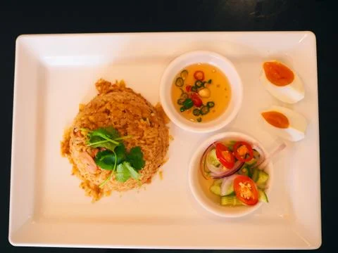 Top view Thai stir fried rice with Satay Pork Foto stock