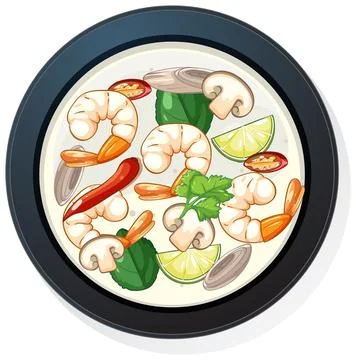 Top View of Thai Tom Yum Soup with Shrimp Stock Illustration