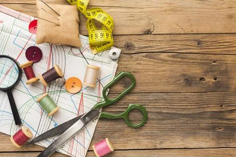 Top view thread with copy space measuring tape Stock Photos