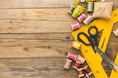 Top view thread with copy space scissors Stock Photos