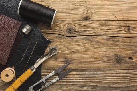 Top view thread with scissors copy space Stock Photos