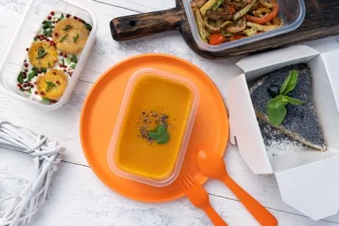 Top view of the three-course lunch set Foto stock