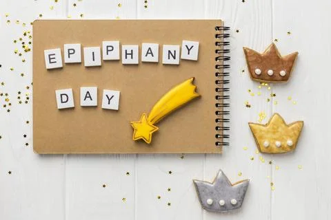 Top view three crowns with notebook epiphany day Stock Photos