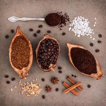 Top view of three different coffee beans and Instant Coffee add aromatic Stock Photos