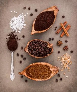 Top view of three different coffee beans and Instant Coffee add aromatic Stock Photos