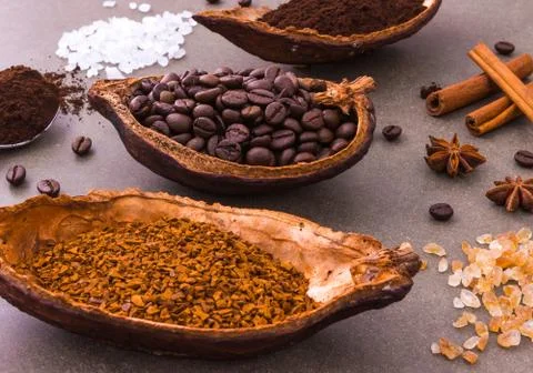 Top view of three different coffee beans and Instant Coffee add aromatic with Stock Photos