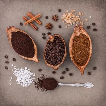 Top view of three different coffee beans and Instant Coffee add aromatic with Stock Photos