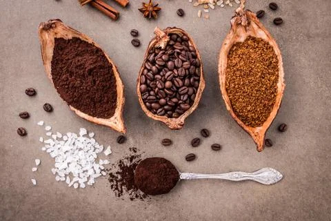 Top view of three different coffee beans and Instant Coffee add aromatic with Stock Photos