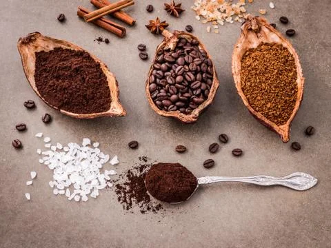 Top view of three different coffee beans and Instant Coffee add aromatic with Stock Photos