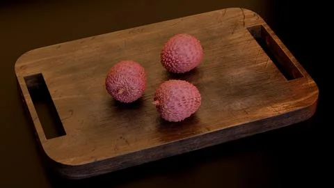 Top view of three lychees on rustic serving tray Stock Illustration