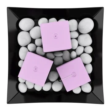 Top view of three purple candles on dish isolated on white background Stock Illustration