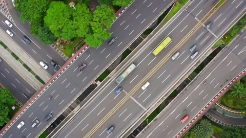 Top View of Three Row of Highway.  Diagonal Aerial View Stock Footage 130533400