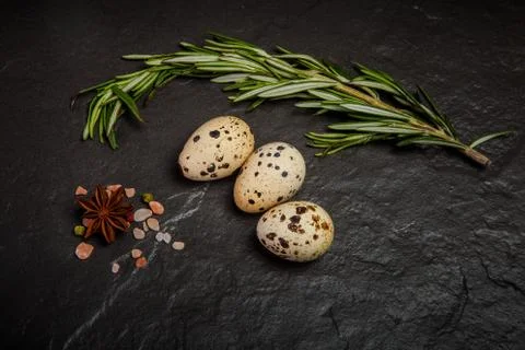 Top view of three small quail eggs with spices and rosemary Stock Photos