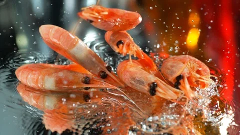 Top view of tiger prawns fall on table with water.Fresh Shrimp. Slow motion , 4k Stock Footage 114970975